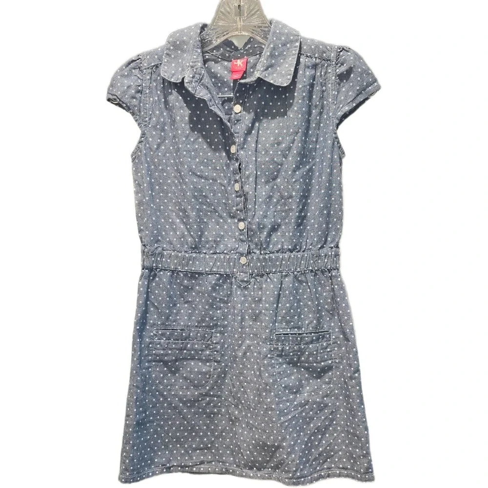 J. Khaki Girls Blue Polka Dot Denim Dress Size 12 Cotton Button Front Pockets